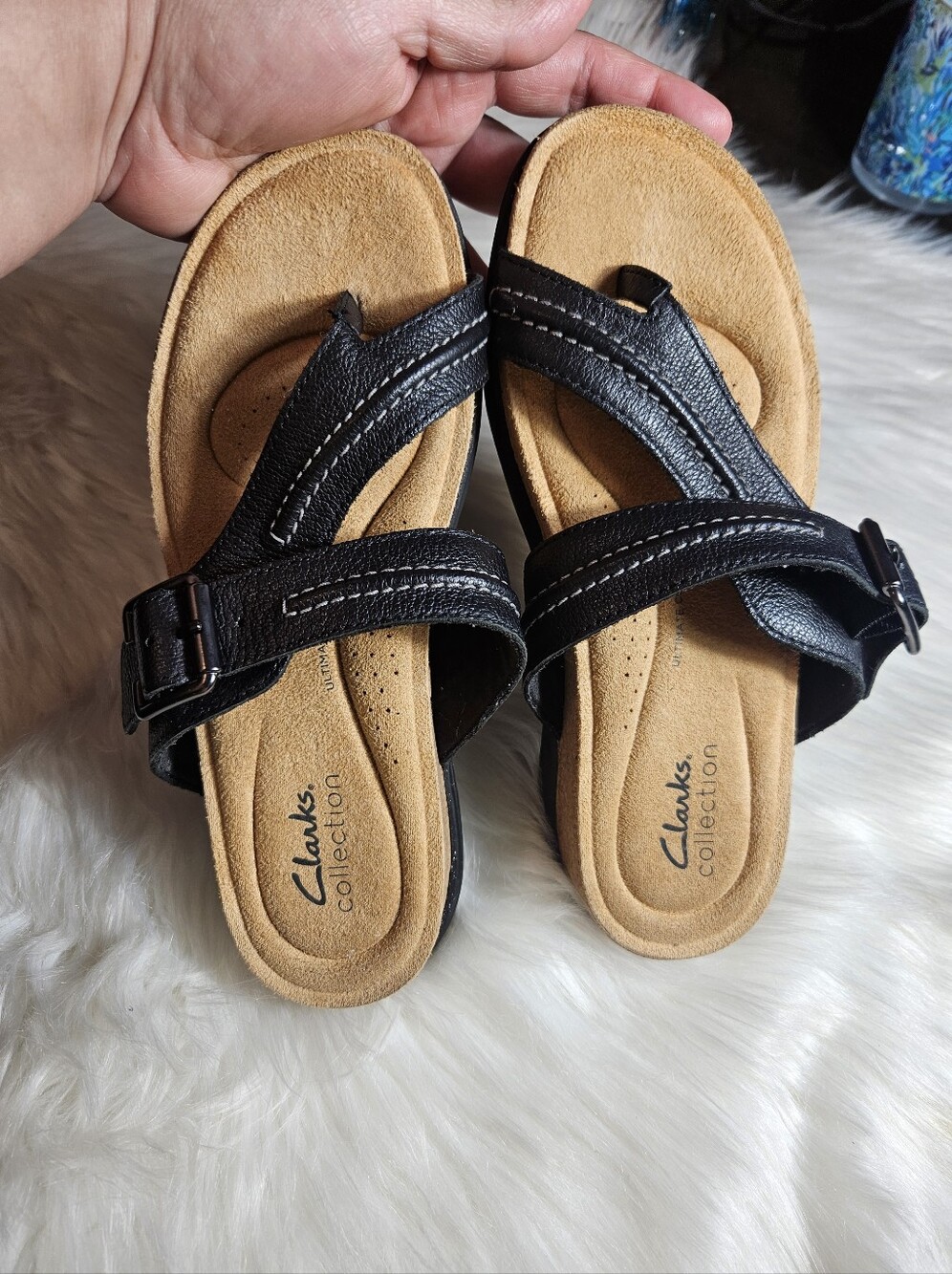 Clarks Womens Black Leather Brynn Madi with Tan Suede Footbed Sandals